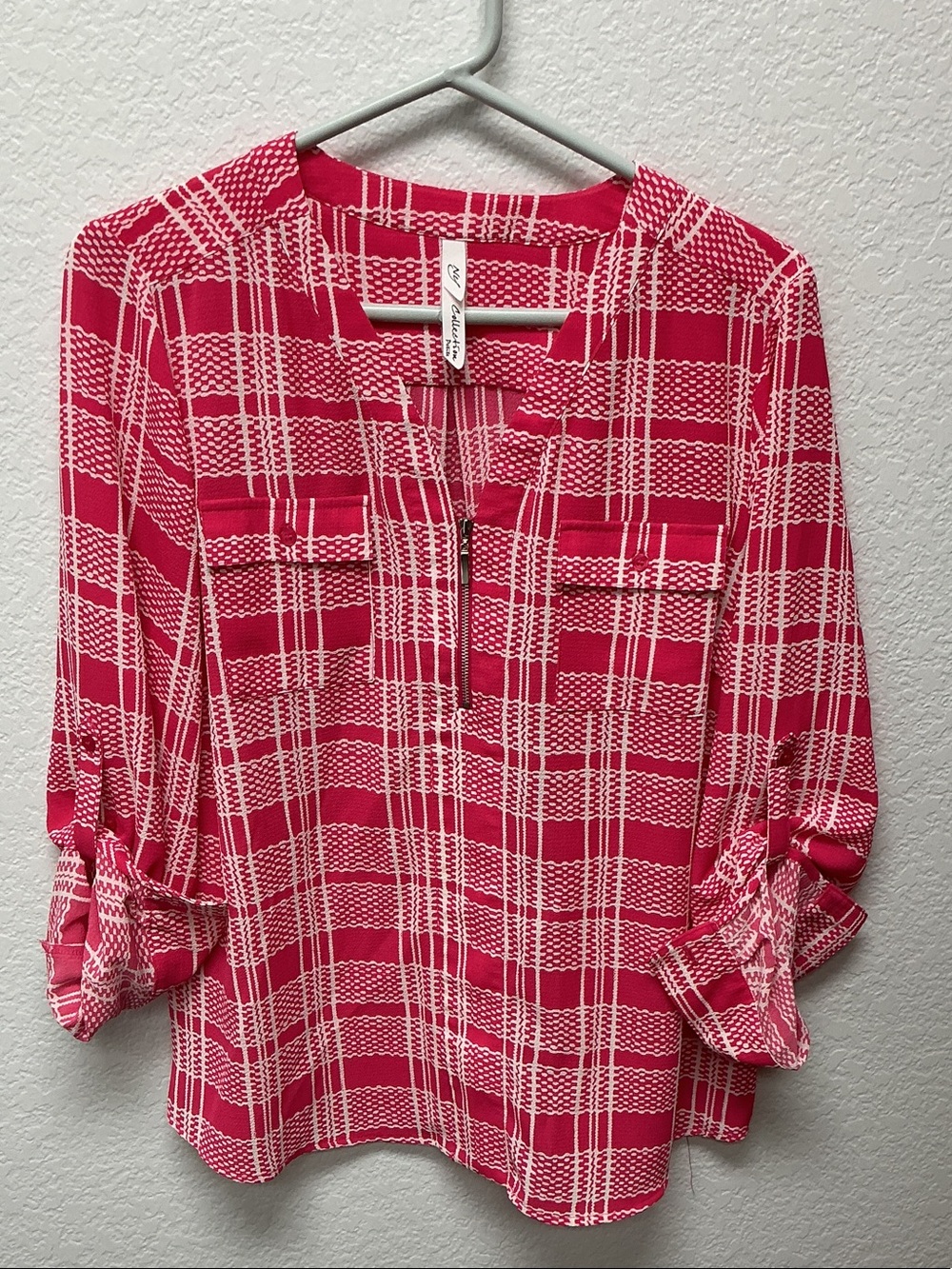 NY Collection Pink Plaid Long-Sleeve Zip Front Blouse